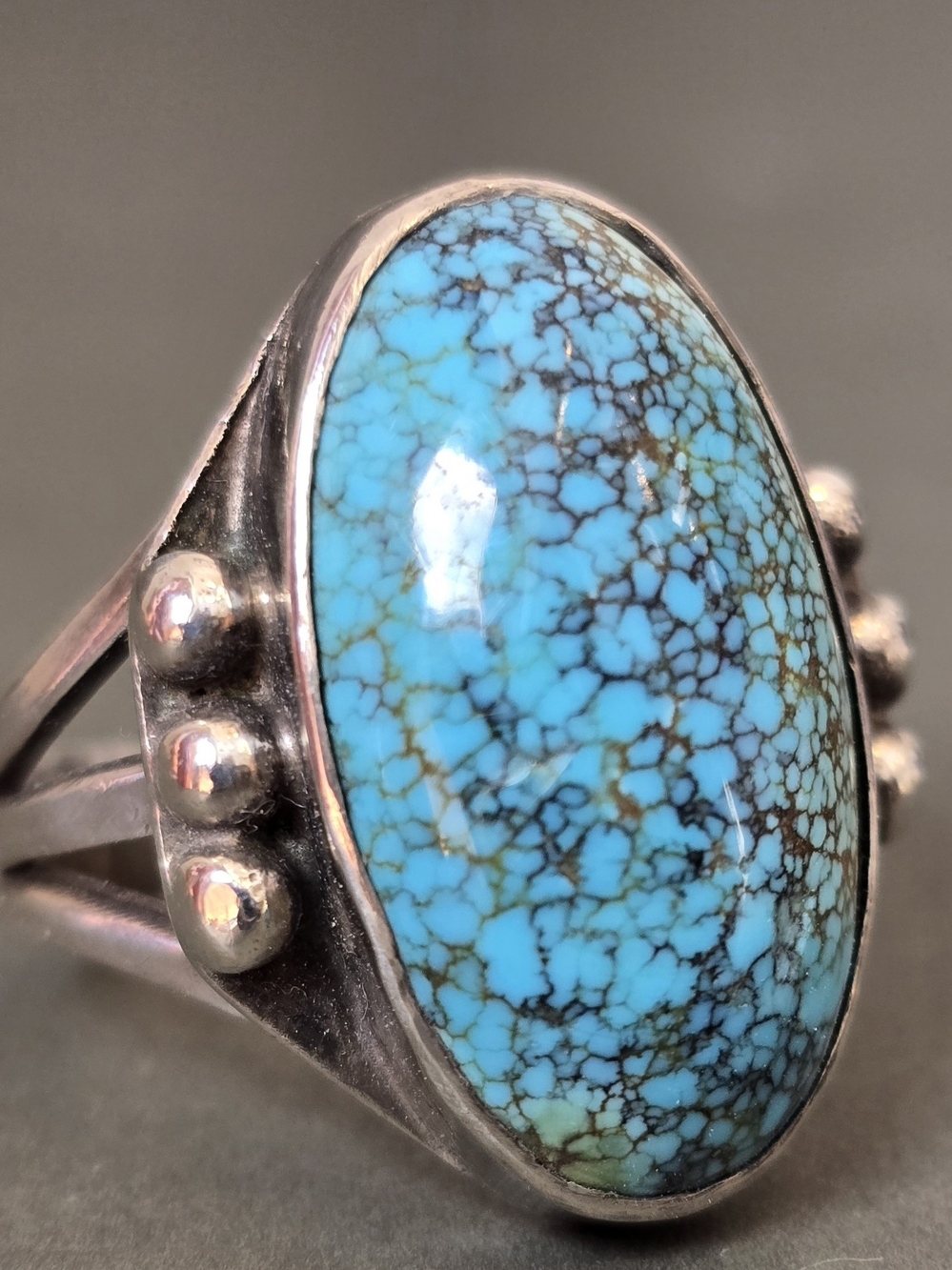 Sterling Silver Turquoise Statement Ring - Blue Spiderweb Oval Stone